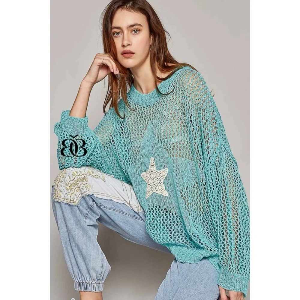 POL Blue Oversized Open Knit Sweater with Center Star Patch - Picture 7 of 11